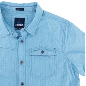 prAna Men's Med. Slim Fit Patras Shirt Blue Striped Organic Cotton Metal Buttons
